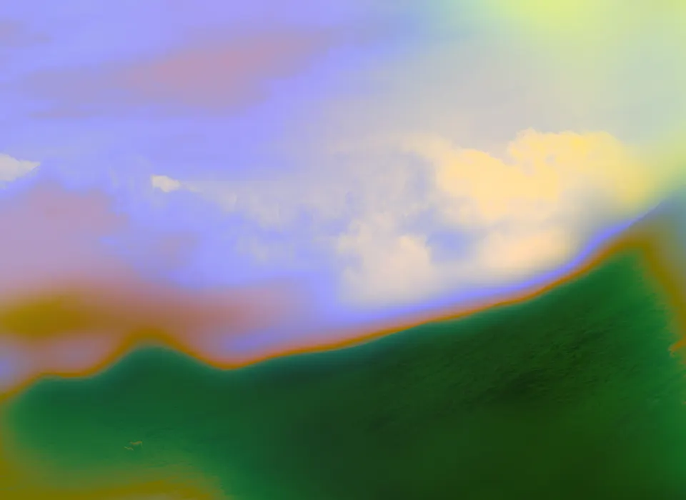 A green hillside under pastel clouds in lilac and pale yellow.