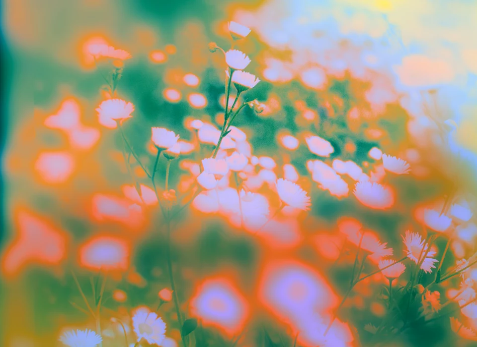 A field of pale flowers against a softly blurred orange and green background.