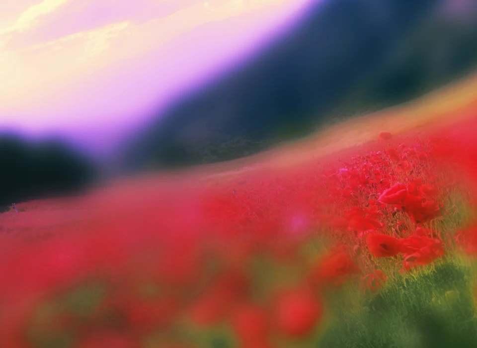 A field of red flowers beneath a softly blurred hillside and pastel sky.